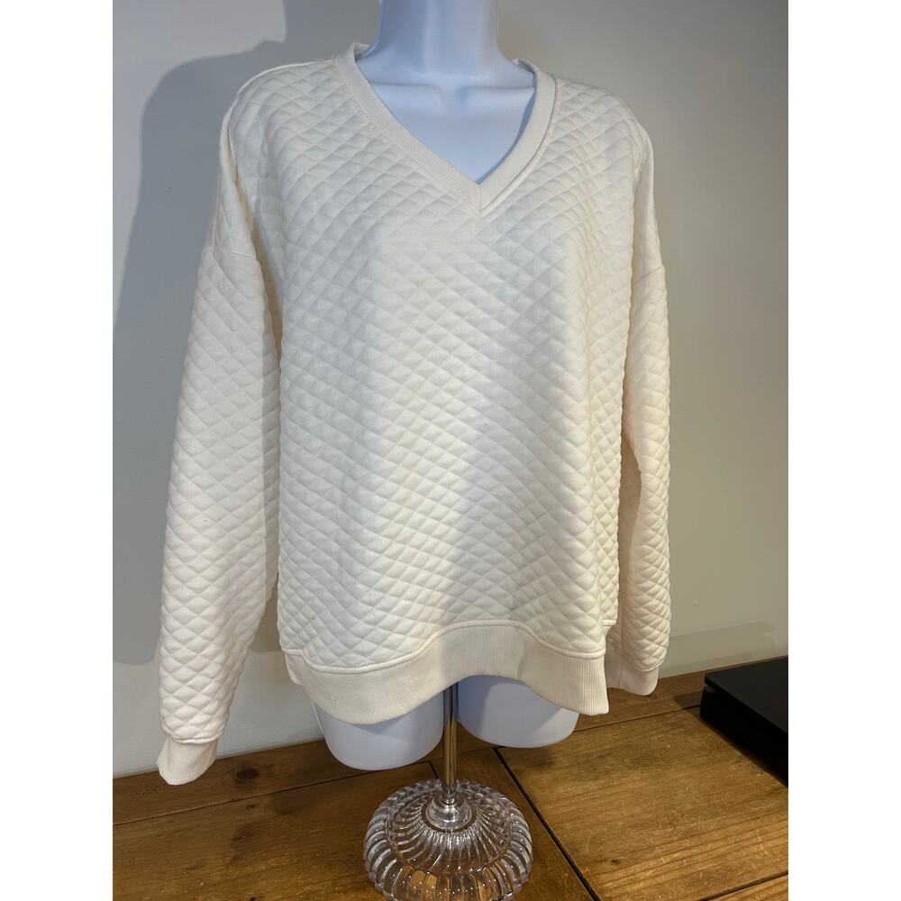 Lands' End Sz XL Quilted V-neck Pullover Sweatshirt Ivory Cotton Knit Relaxed